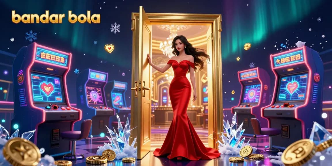 Experience excitement at bandar bola with a stunning casino scene featuring an Asian woman in a glamorous gown.