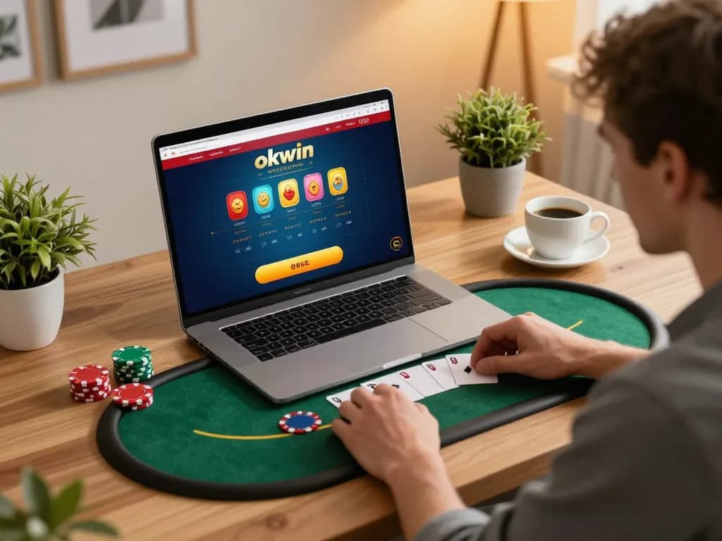 Player enjoying an engaging blackjack game on okwin while strategizing in a cozy home office.