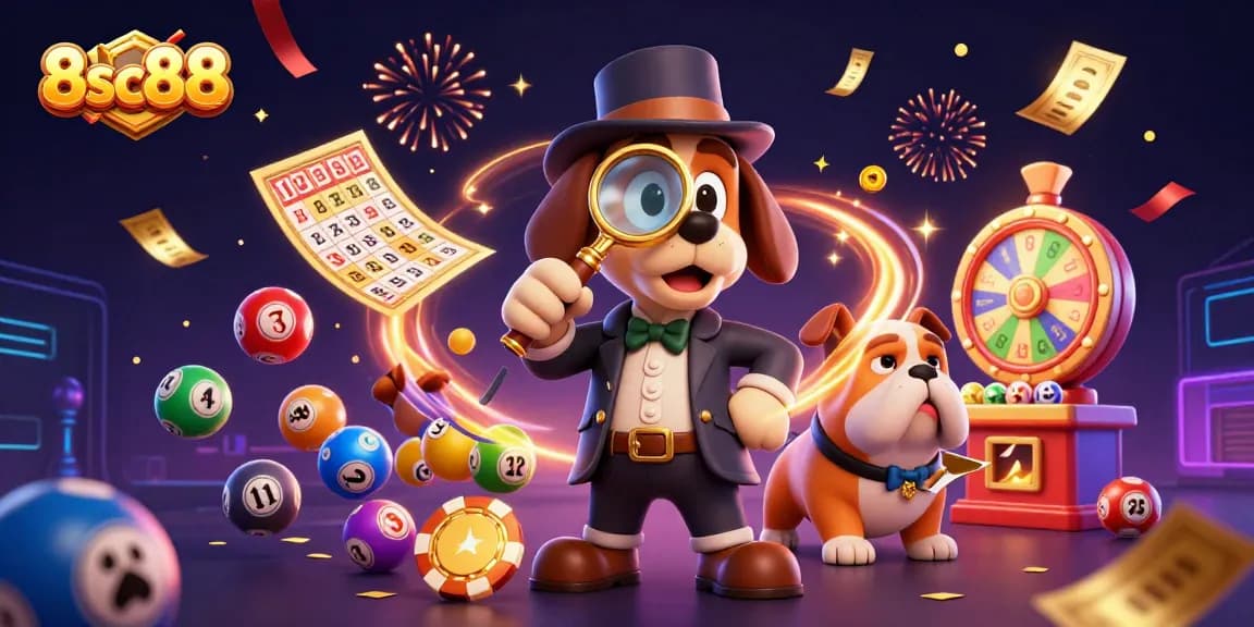 Play exciting casino games like 8sc88 with a cartoon detective and vibrant elements enhancing the action.