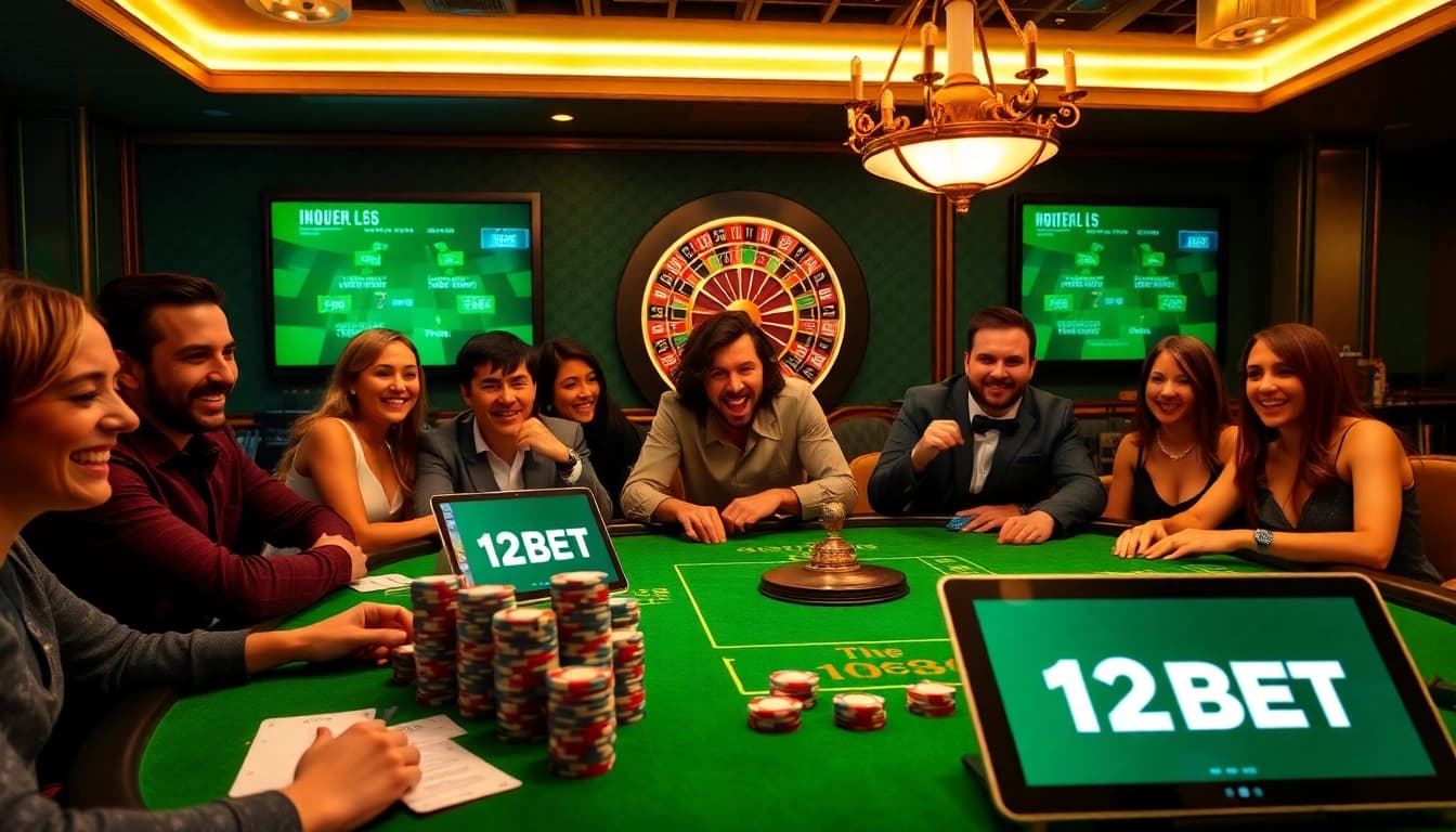 Exciting casino gaming scene with players at a poker table featuring the 12BET logo.