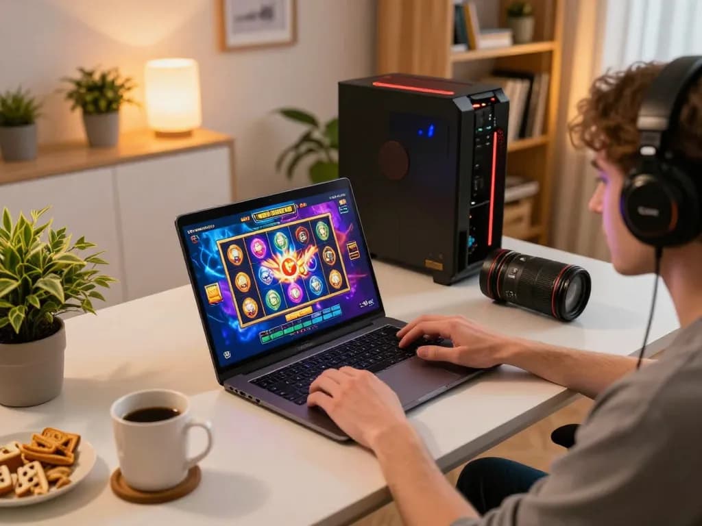 Engaging in the LGOSUPER slot gaming experience on a cozy home setup with vibrant visuals.