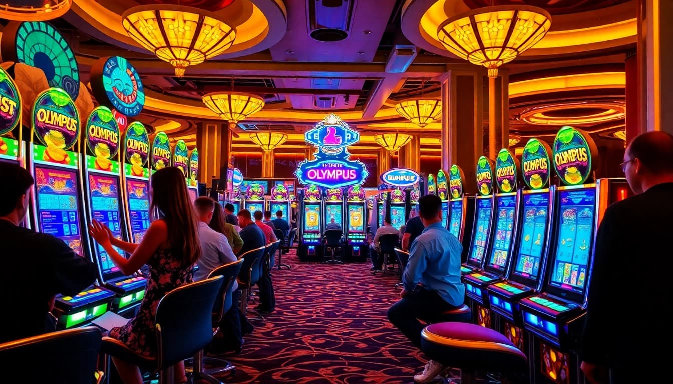 Engaging players at the vibrant Olympus slot machines in a luxurious casino setting.
