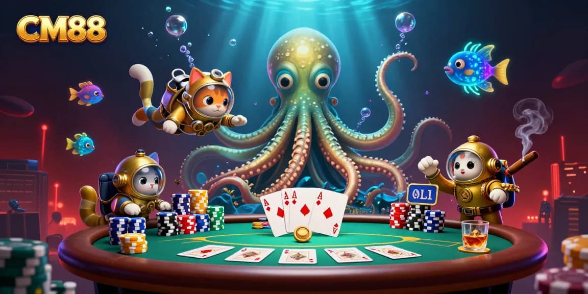 Engage with CM88's thrilling poker scene featuring a kraken, diving cat, and vibrant casino elements.