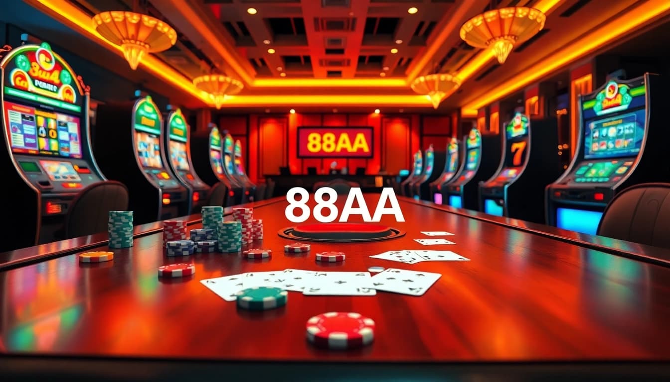 Engage in thrilling gameplay with 88aa at luxurious casino tables, featuring slot machines and poker chips.