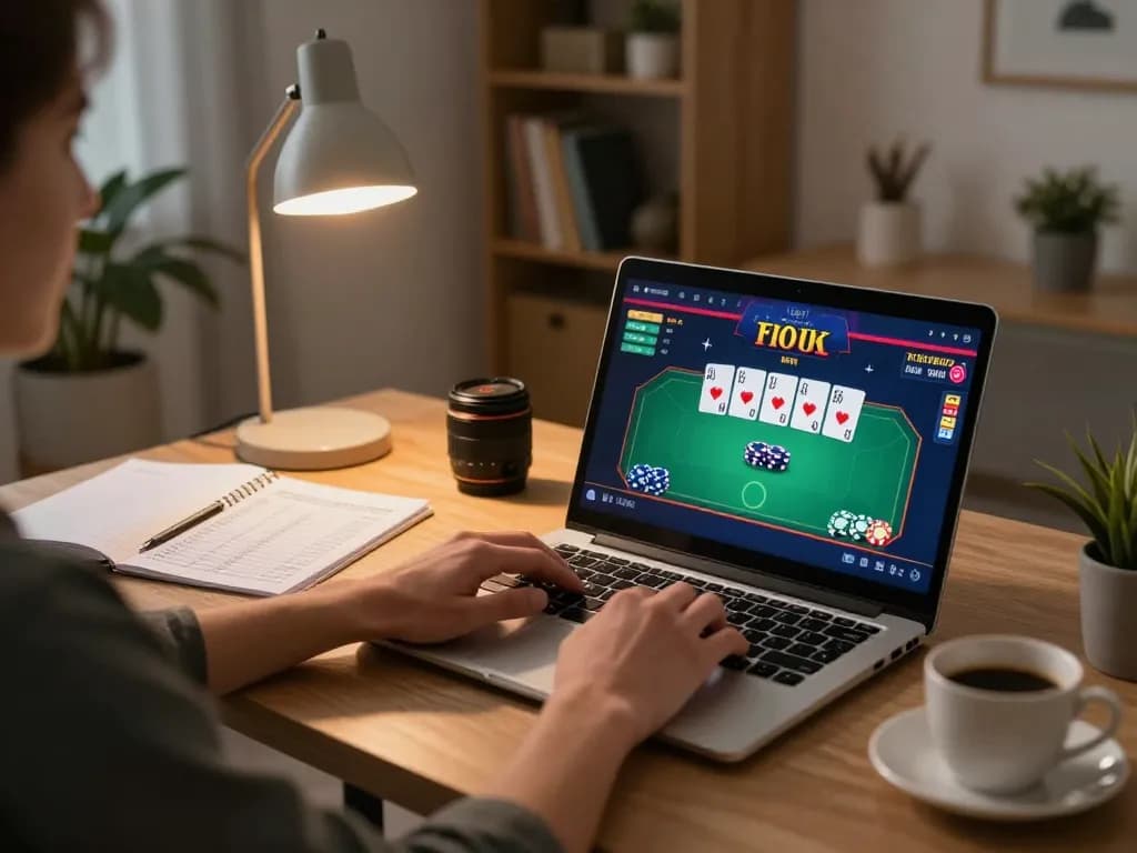 Create a Caricature with a lively online gaming scene featuring a player engaged in a poker game