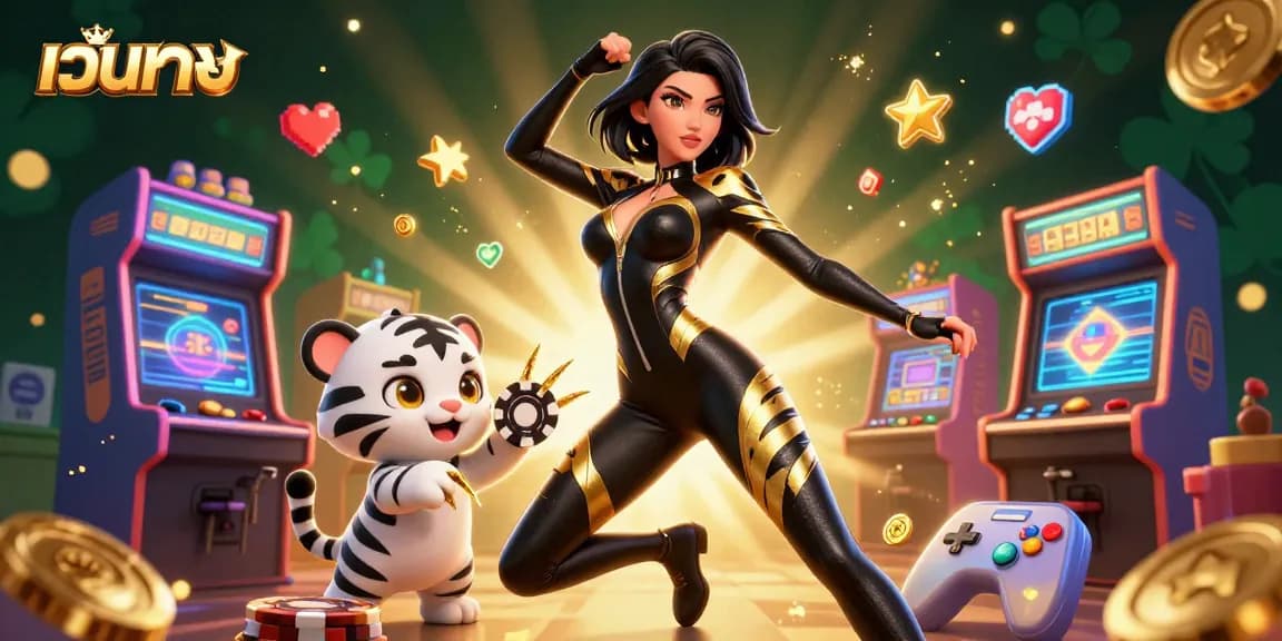 Win big with เว็บตรง casino fun, featuring an acrobatic woman and playful tiger in a colorful gaming world.