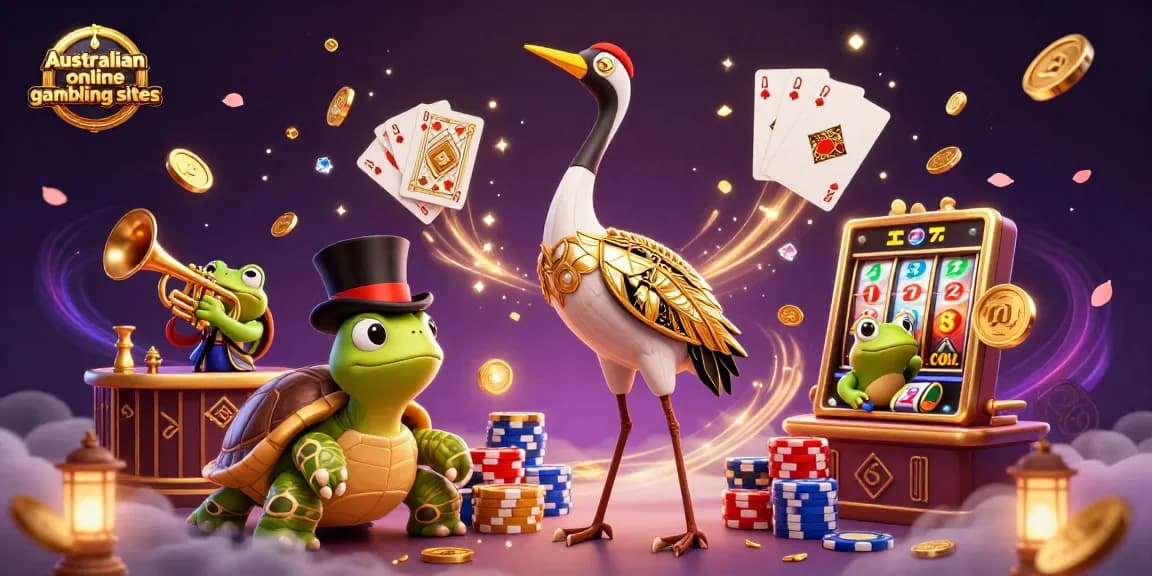 Engaging scene of Australian online gambling sites with a 3D crane, a top-hat turtle, and a trumpet frog amidst casino elements.