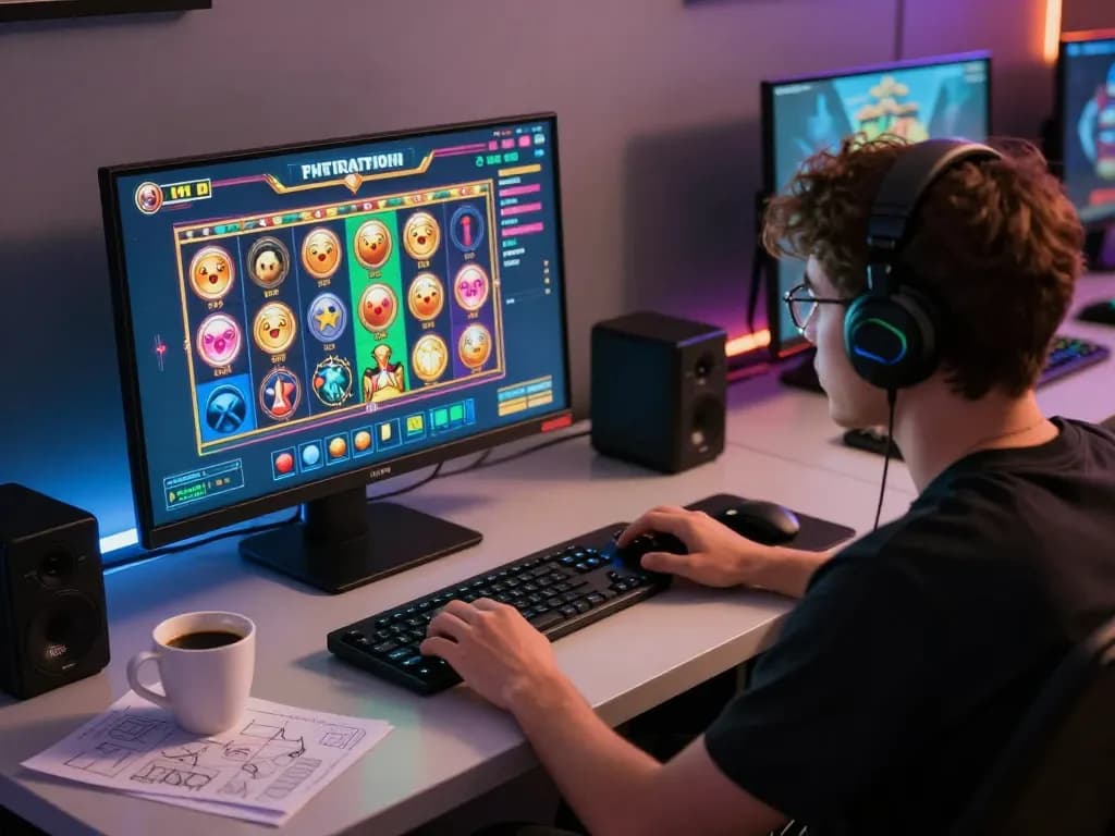 Engaging gameplay on slot toto, featuring a player immersed in a colorful online casino experience at home