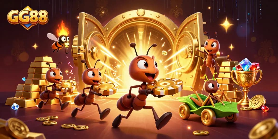 Experience GG88's thrilling heist escape with playful characters amid golden treasures and casino elements.