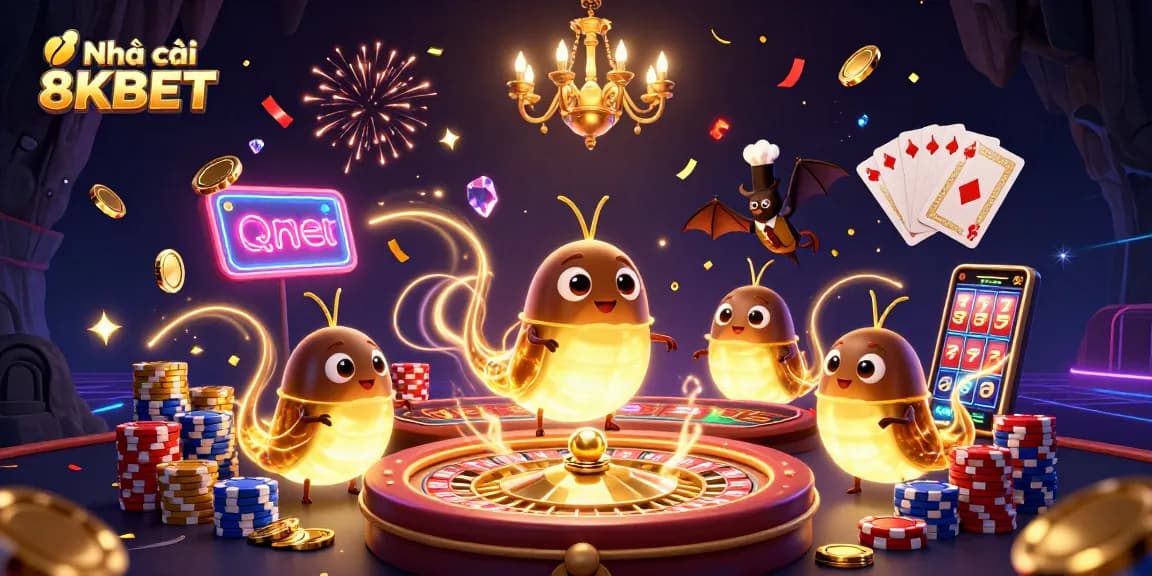 Engage with Nhà cái 8KBET in a vibrant virtual casino scene filled with glowworms, dazzling casino elements, and festive effects.
