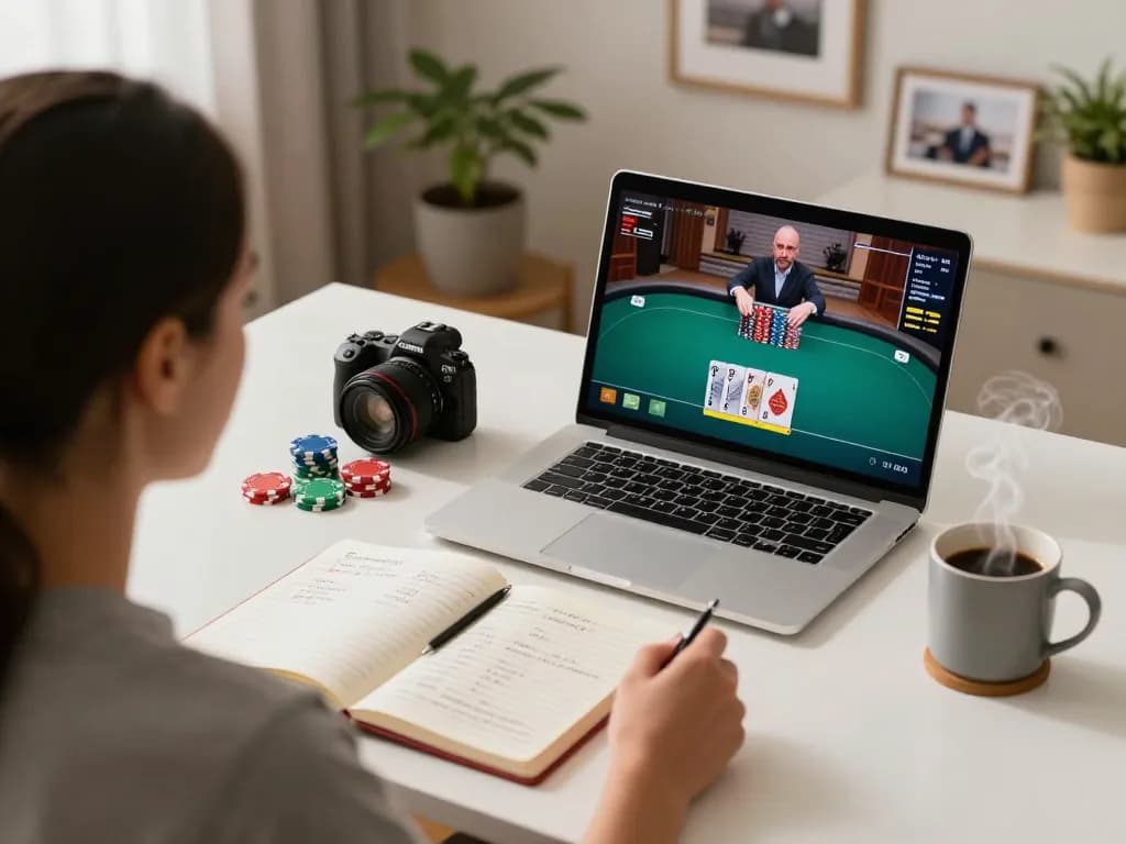Engaged player at gg888.world using a laptop for online poker with strategy notes and chips in view.