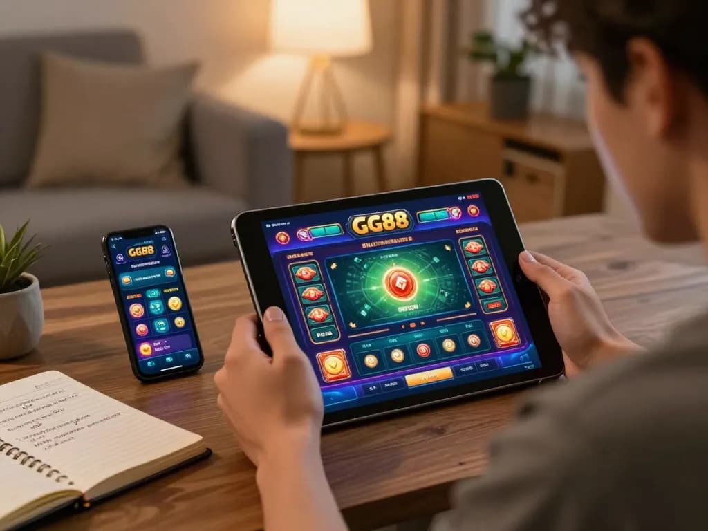 Engaging with GG88 casino app on a tablet for a strategic online gaming experience.