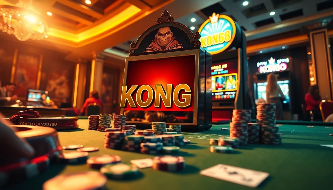 KONG88 slot machine surrounded by poker chips and cards at an opulent casino table.