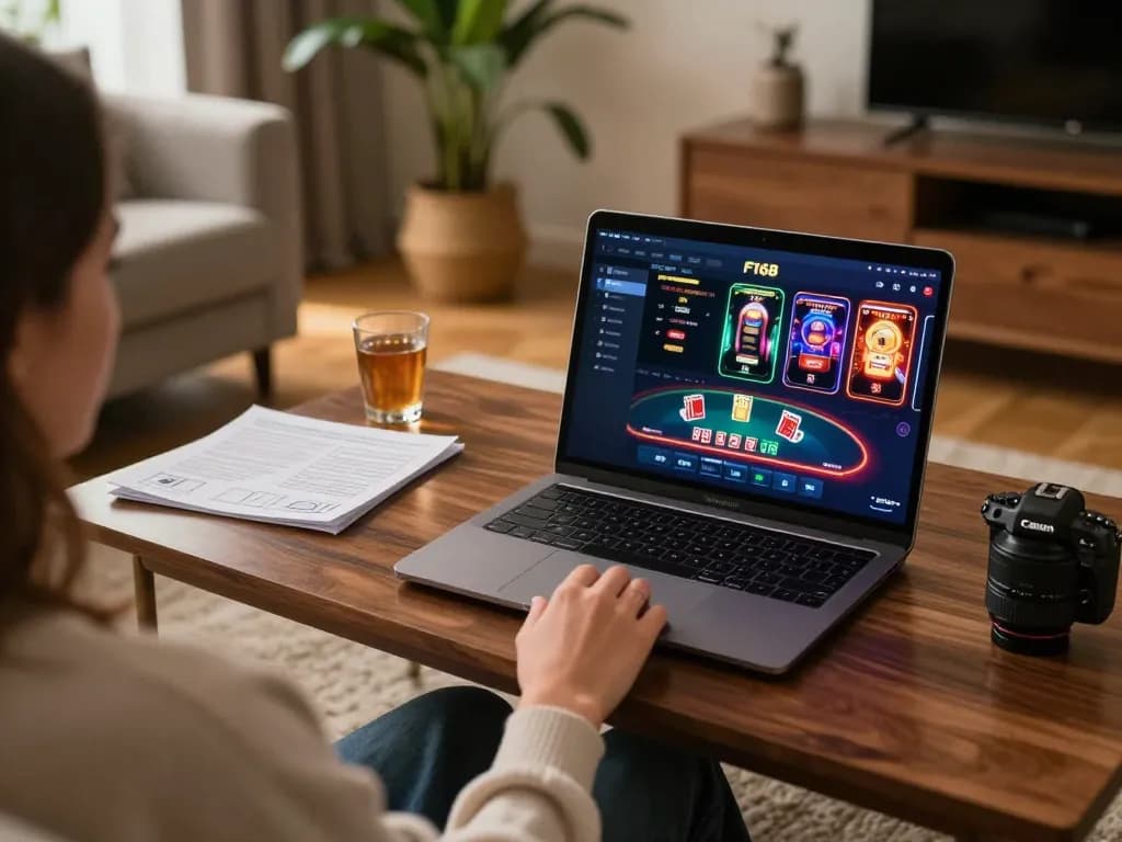 Engaging with F168 casino app on laptop in a stylish living room for strategic gameplay