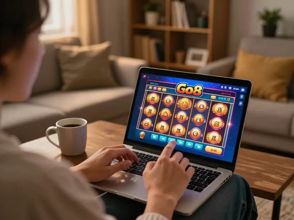 Player enjoying Go8 slot games on a mobile app in a cozy home setting.