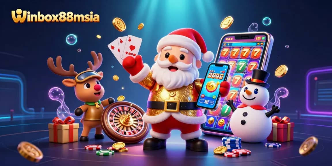 Winbox88msia showcases a vibrant casino scene featuring a friendly Santa Claus, reindeer dealer, and poker chip snowman.
