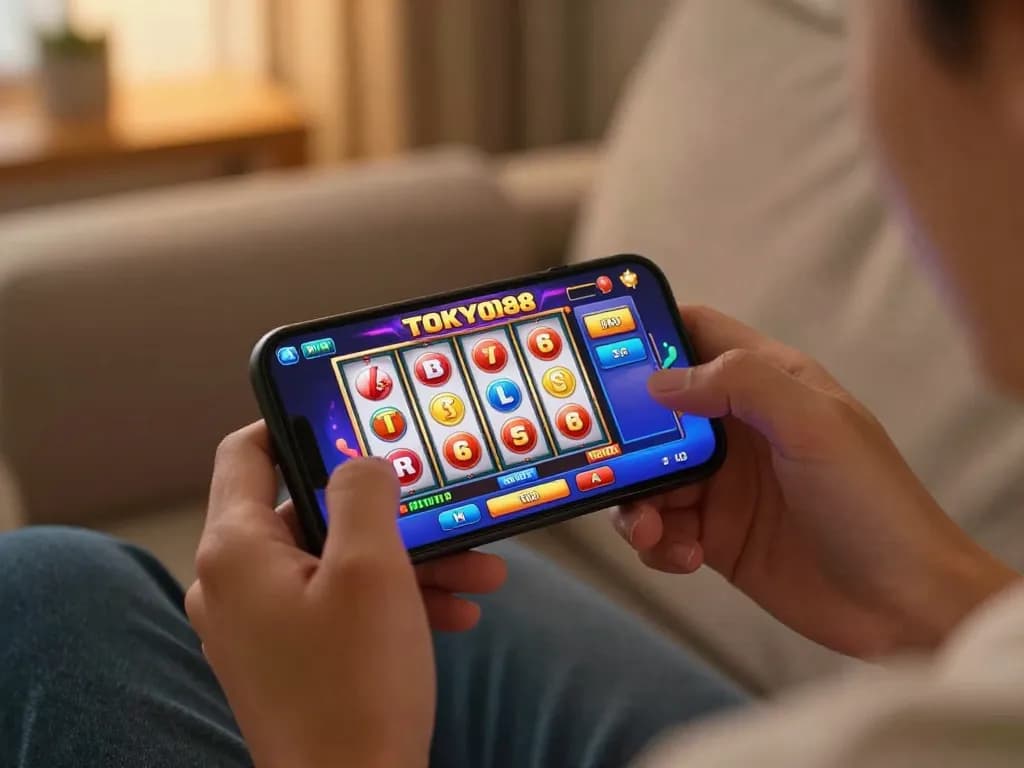 Orang menikmati slot tokyo88 di smartphone dalam lingkungan rumah yang nyaman, menggambarkan kegembiraan bermain game online.