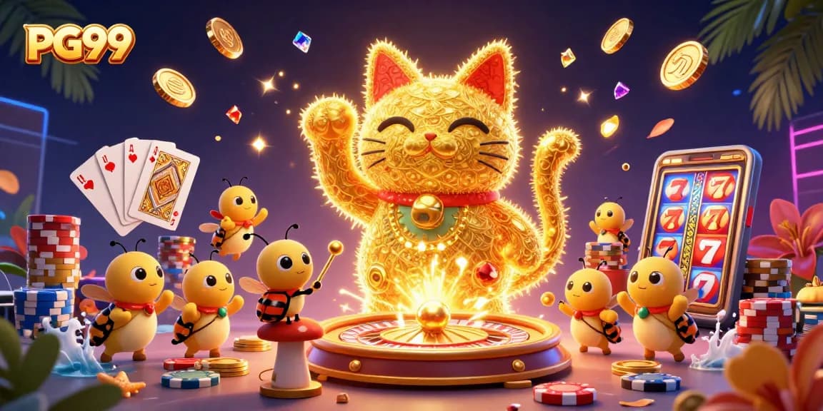 Experience the excitement of PG99 with a vibrant lucky cat and dazzling casino symbols.