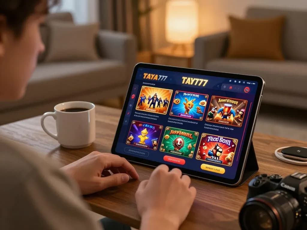 TAYA777app user enjoying online casino gameplay on a tablet in a cozy home setting.