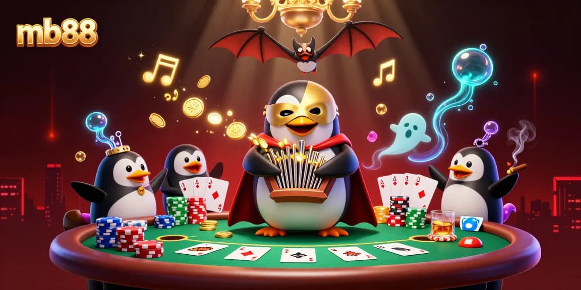 Experience thrilling gaming at mb88 with a dynamic scene featuring a penguin organ player amidst intense poker action.