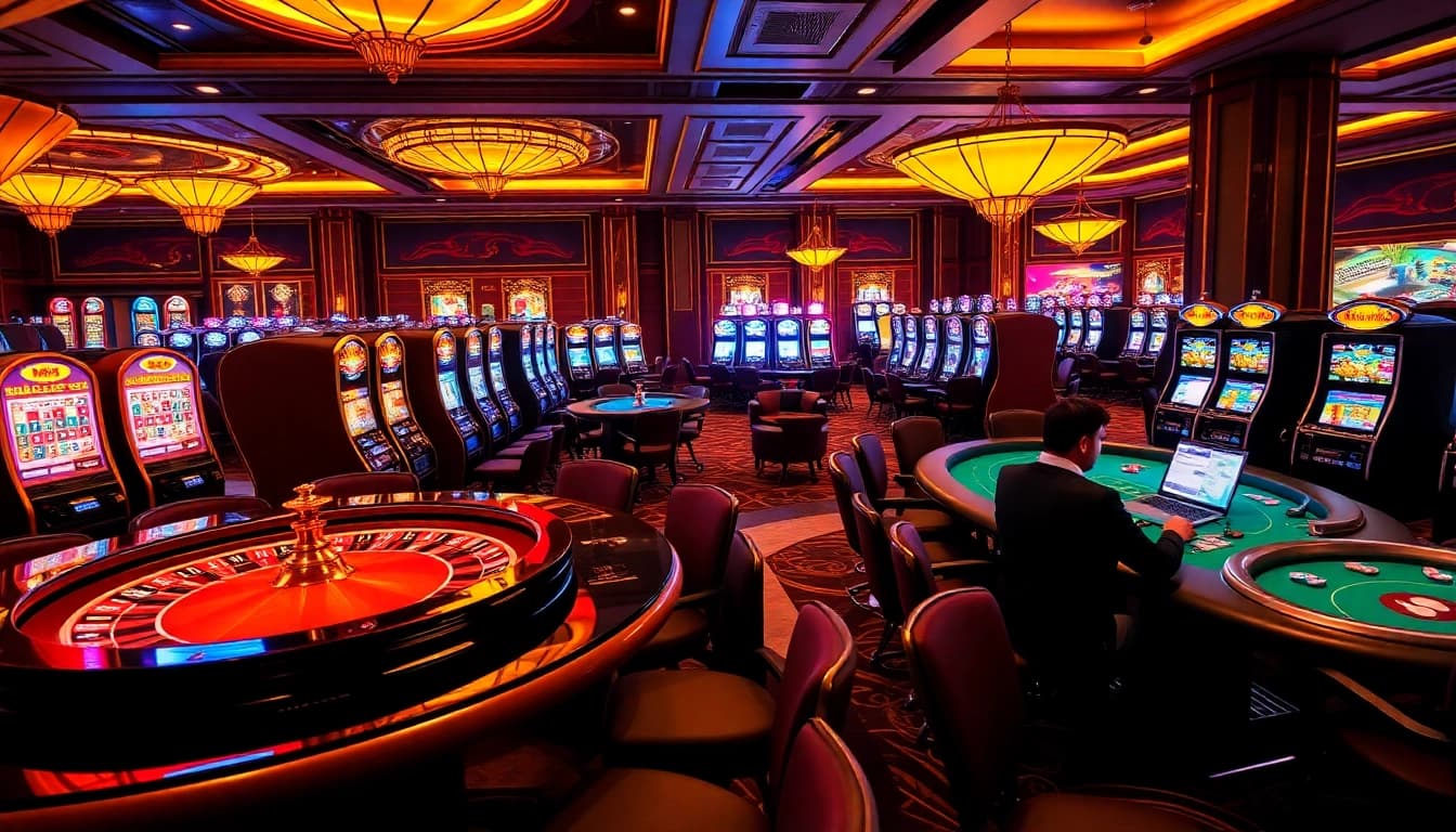 Experience the thrill of gambling at NA777 with vibrant casino tables and professional dealers.