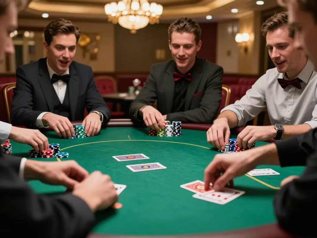 Players placing bets at a poker table in okking1 casino, showcasing excitement and strategy.