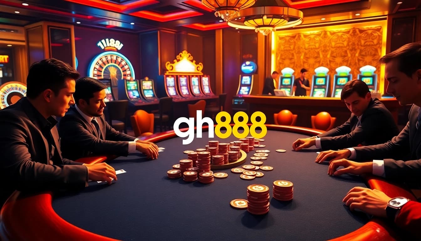 Experience high-stakes poker action at qh88's luxury casino atmosphere with vibrant lighting and excitement.