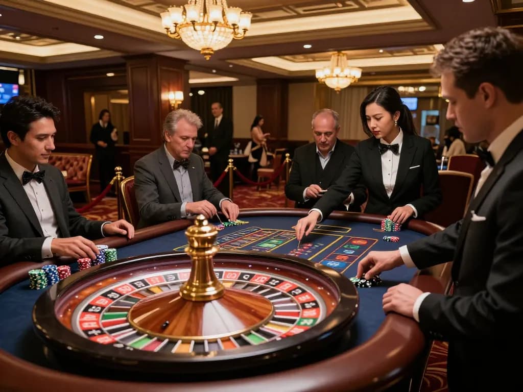 TG88 players engaging in a thrilling roulette game at an upscale casino, vibrant chips and excitement