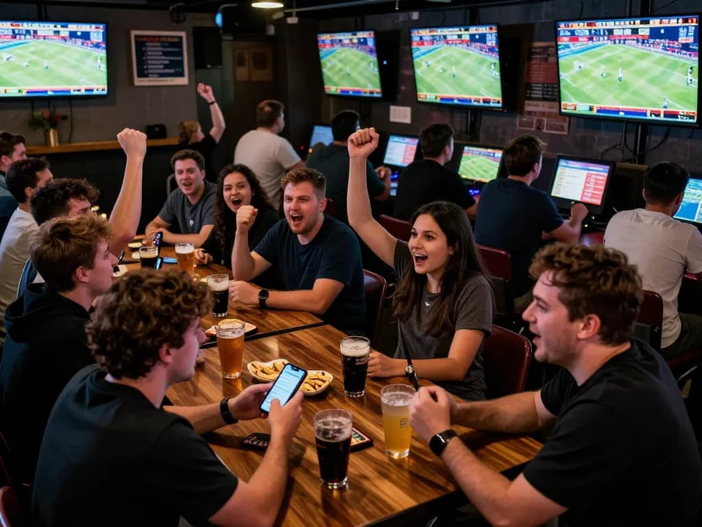 Fans engaging in sports betting at a lively bar, highlighting KU3933's mobile app for real-time betting.