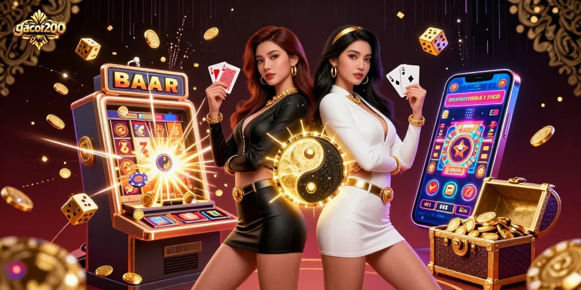 Experience the excitement at gacor200 as twin women showcase their card skills amidst vibrant casino graphics.