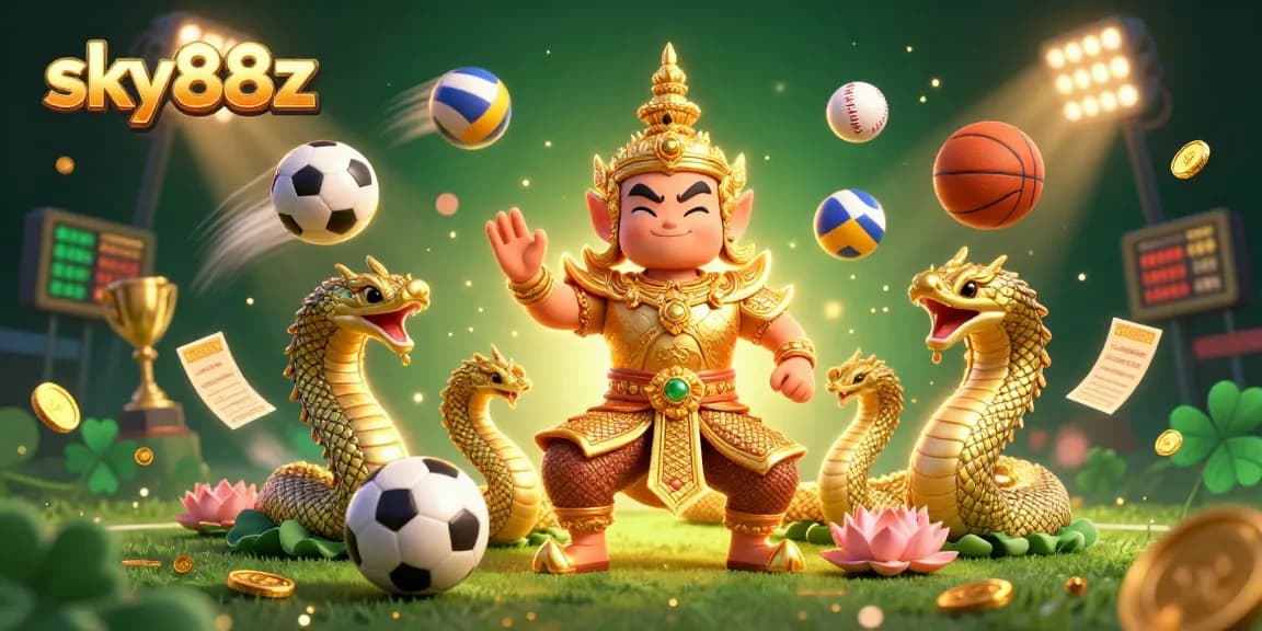 Engage with sky88z's energetic sports betting scene, featuring a Thai guardian and Naga serpents amidst dynamic game elements.