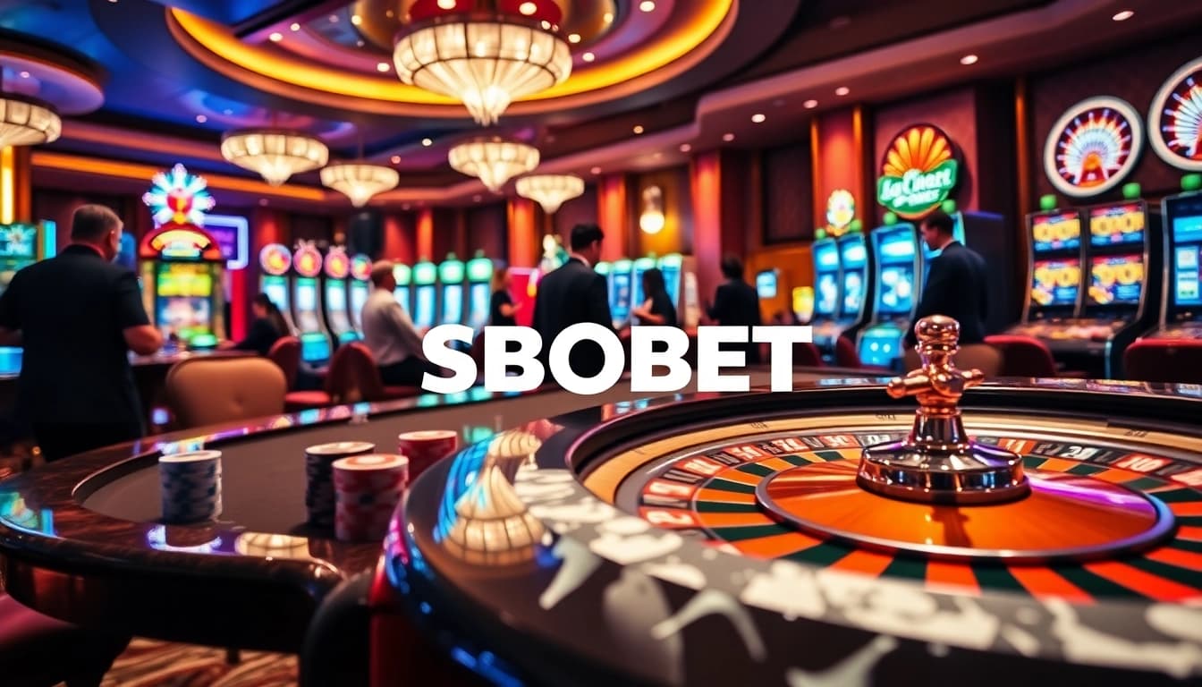 SBOBET players enjoying a thrilling casino game experience at a stylish poker table with vibrant slot machines.