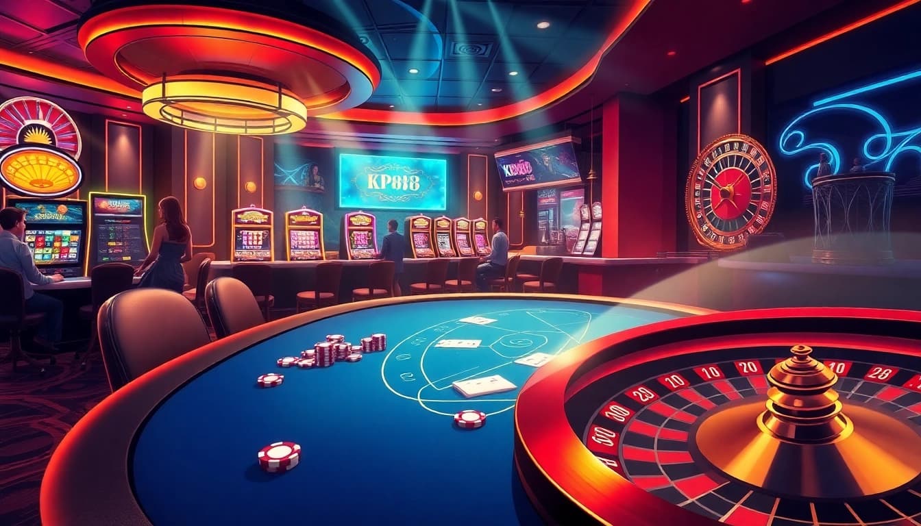 Players enjoying a luxurious KP88 casino setting with poker, slots, and roulette excitement.