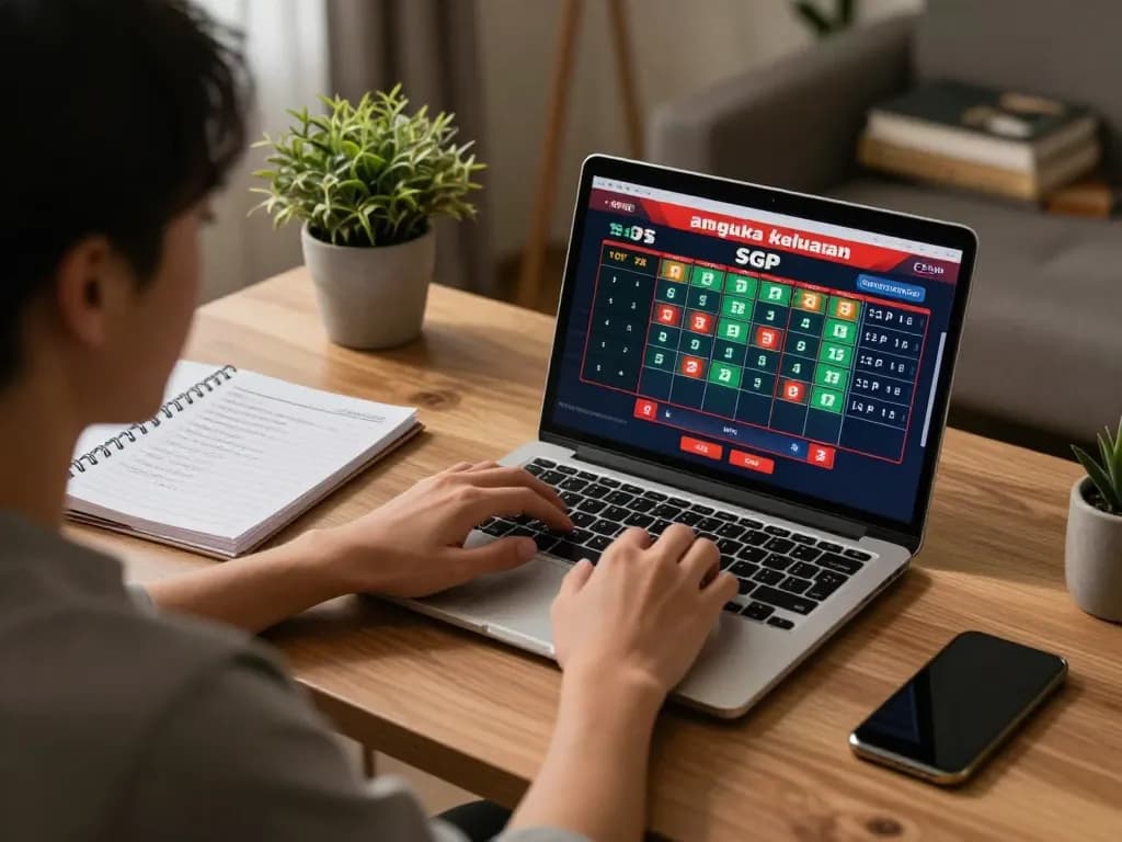 An active online gambling scene displaying angka keluaran SGP on laptop, illustrating strategy and engagement in a comfortable home office.