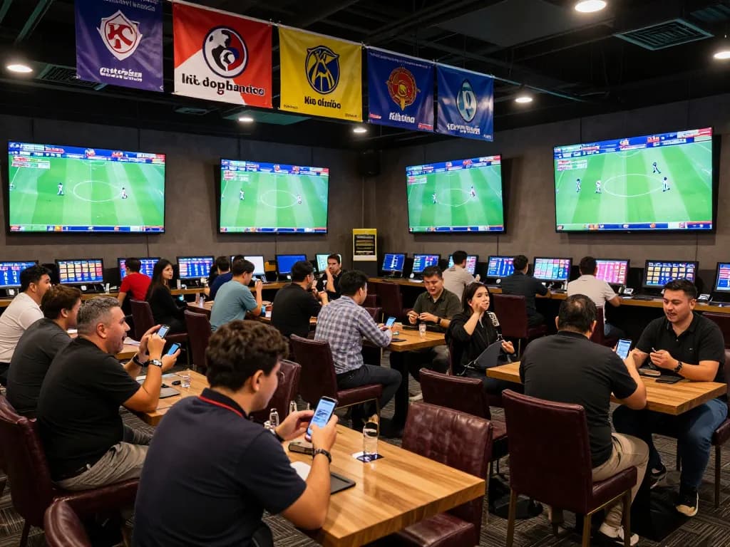 Engaged bettors analyzing kèo bóng đá odds in a busy sports betting room filled with excitement.