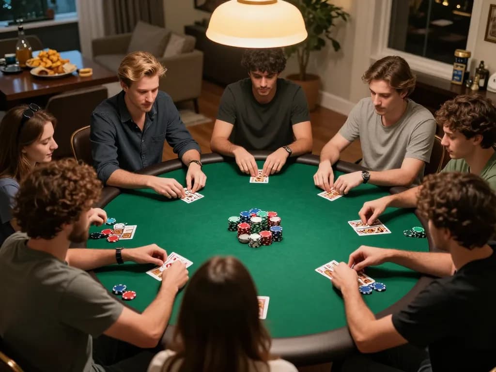 Socolive poker night with friends enjoying a game, chips and cards in action within an inviting home atmosphere.