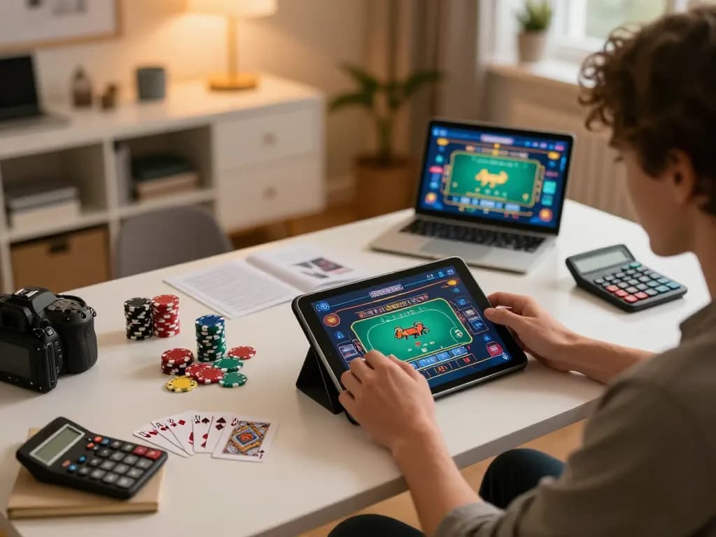 Engaging in online casino gaming at home with Jun88, featuring poker chips and gameplay interface