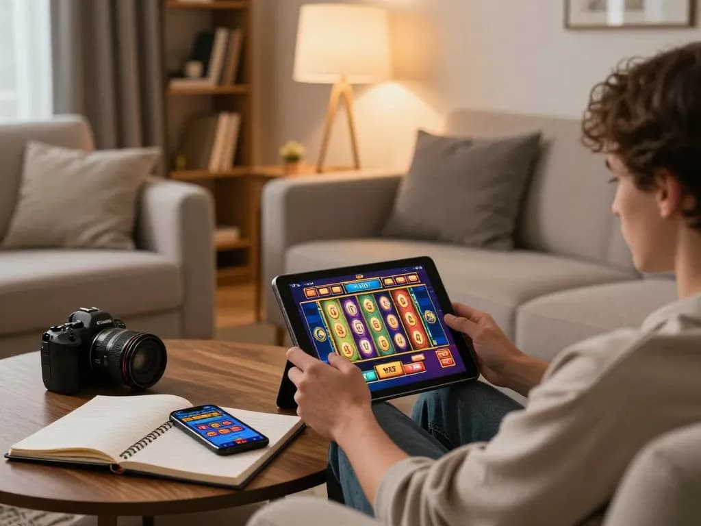 Player enjoying RR88 slots on a tablet at home, showcasing a cozy gaming experience and vibrant graphics.