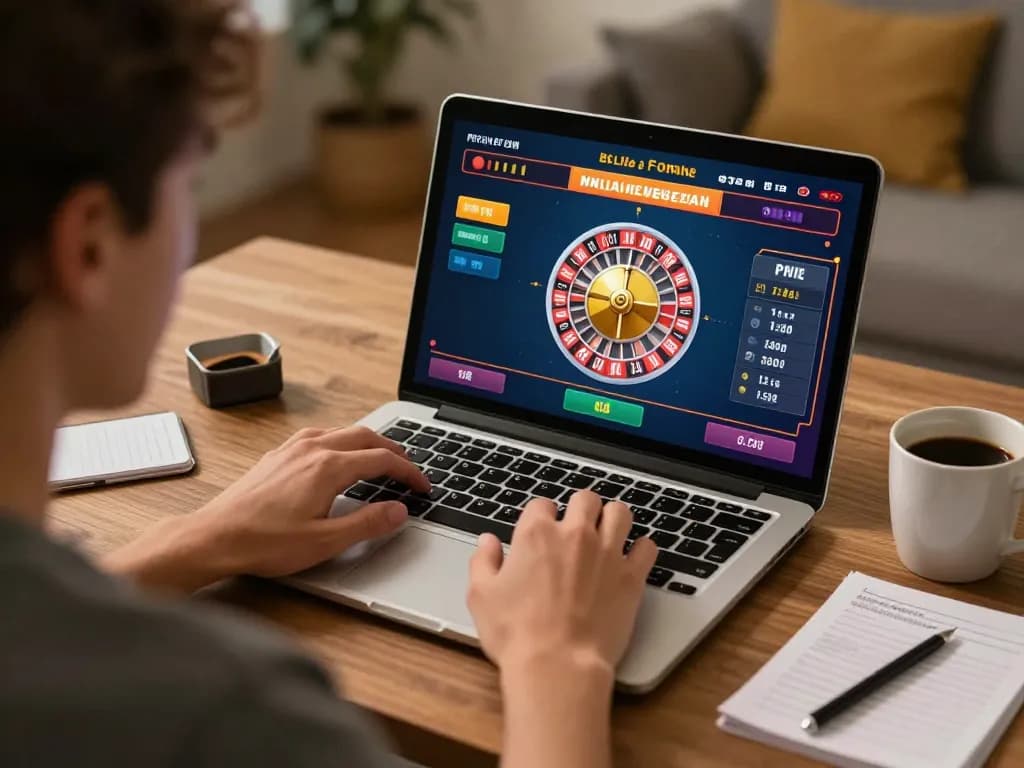 Engaged player using laptop for online casino gaming at okfun with roulette game displayed.