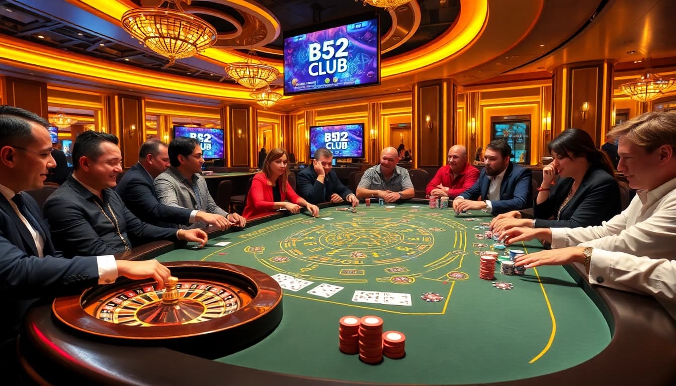 B52 CLUB gaming table with colorful chips and cards, showcasing an exciting gaming atmosphere.