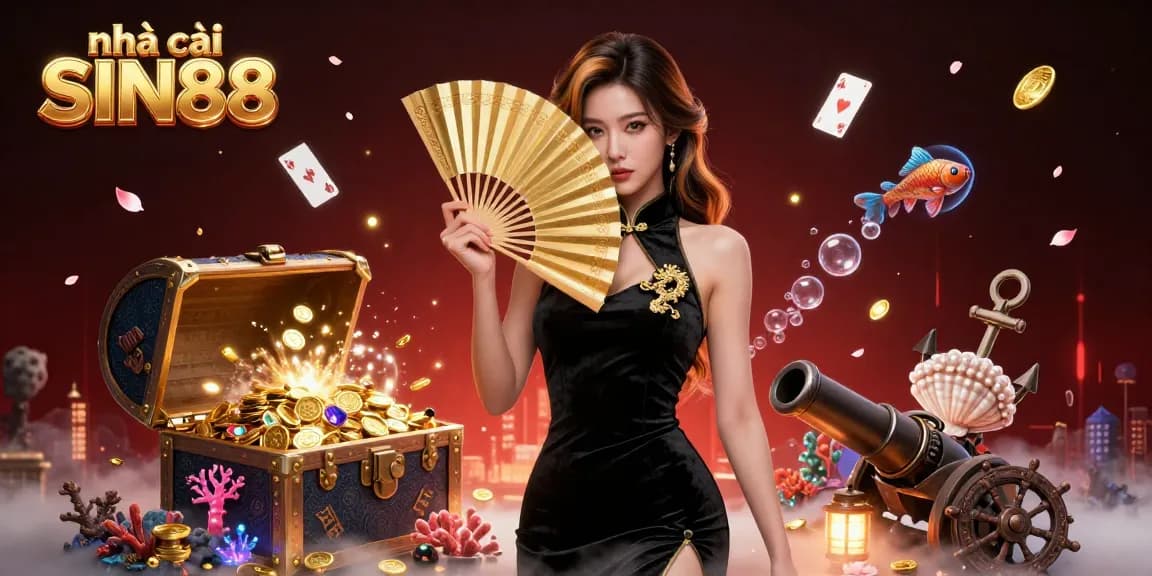 Experience thrilling gaming at nhà cái SIN88 with a radiant illustration showcasing an elegant character amidst sparkling treasures.