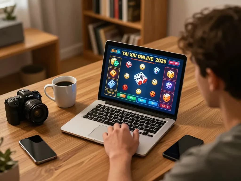 Tai Xiu Online gaming session on laptop, showcasing vibrant dice graphics in a cozy atmosphere.