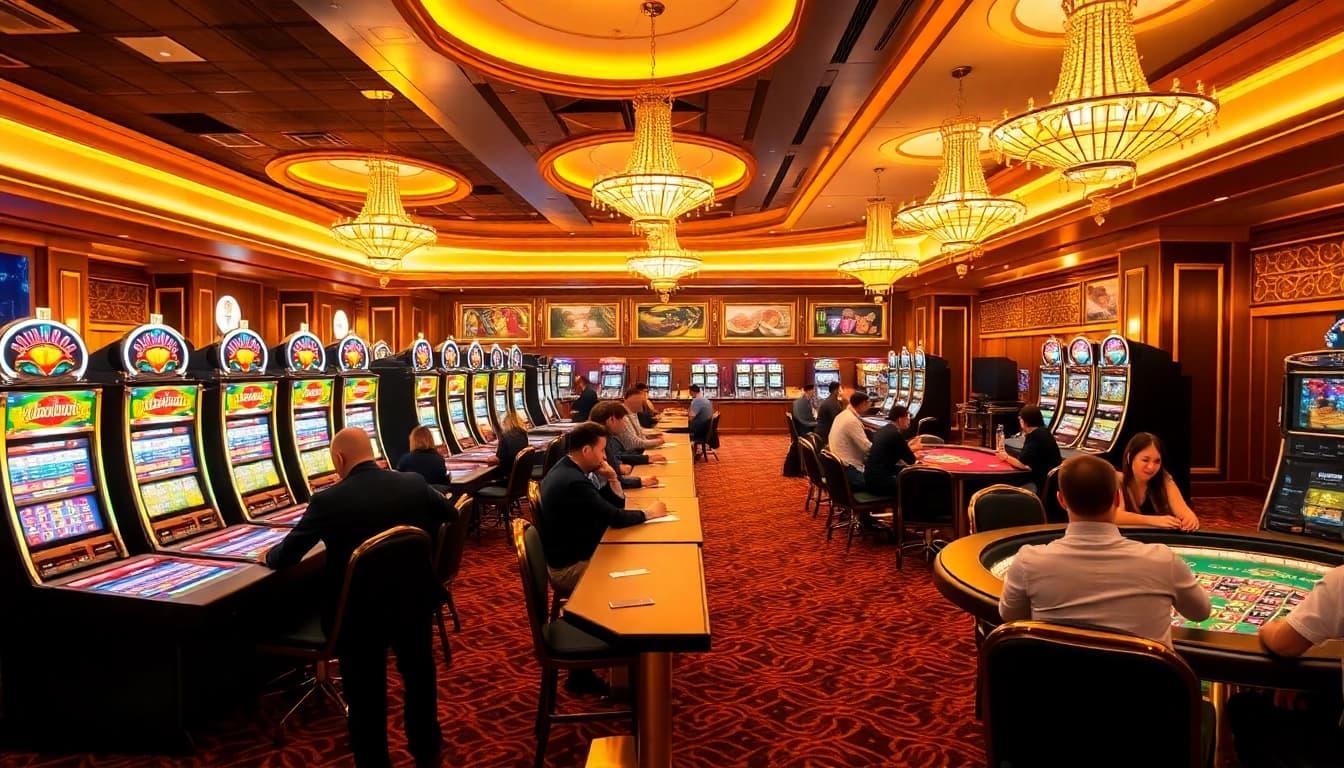 Players enjoying poker and roulette at 88vv casino, surrounded by flashing slot machines.