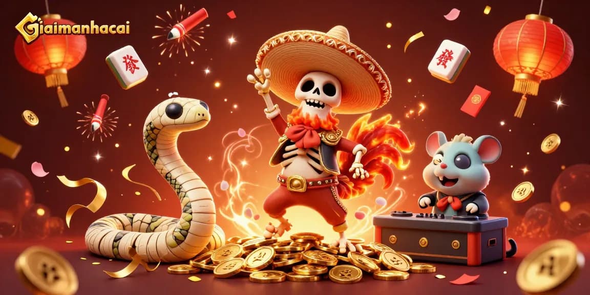 Experience exhilarating wins with giaimanhacai, showcasing vibrant casino-themed characters in a festive scene.
