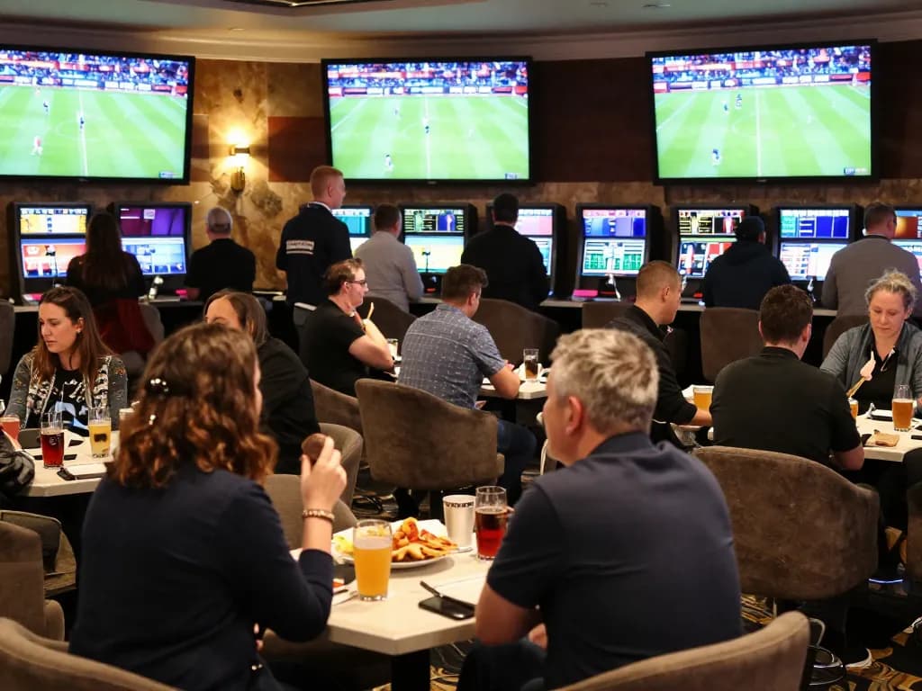 Excited players engaging in sports betting at nhà cái o8's lively lounge during a major game