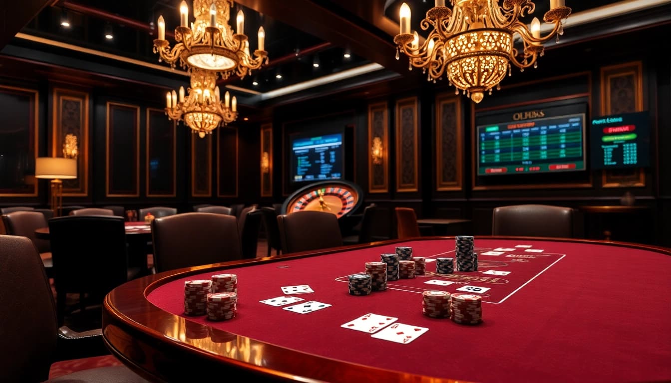 Experience the thrill of QH88 at a luxurious poker table with high stakes and glamorous ambiance.