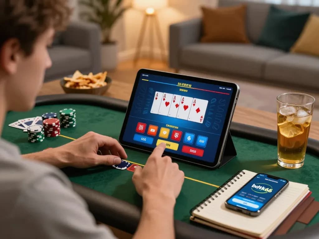 Engaging in bdtk66 online gambling on a tablet while keeping track of strategies in a cozy home setup.