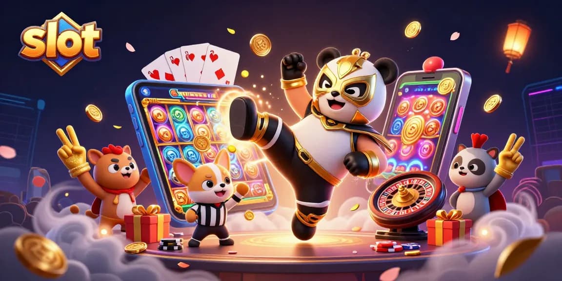 Slot yang menampilkan panda pegulat terbang dalam suasana kasino animasi yang meriah