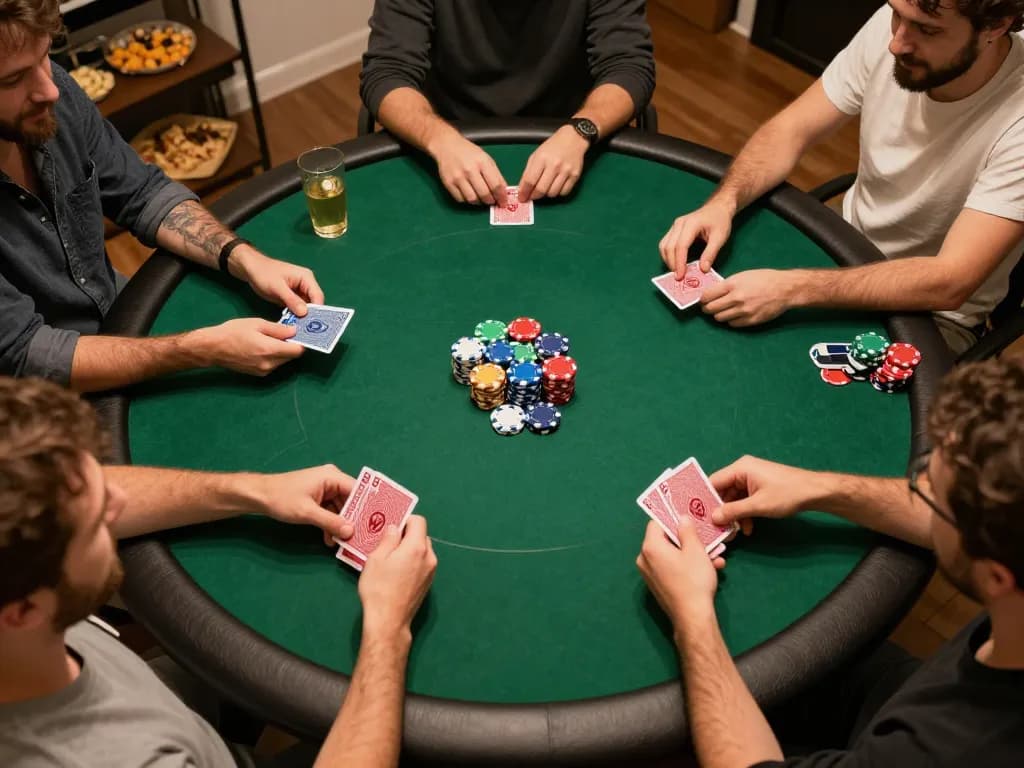 Players engaging in a friendly poker game at home, showcasing the excitement of rikvip gaming strategies.