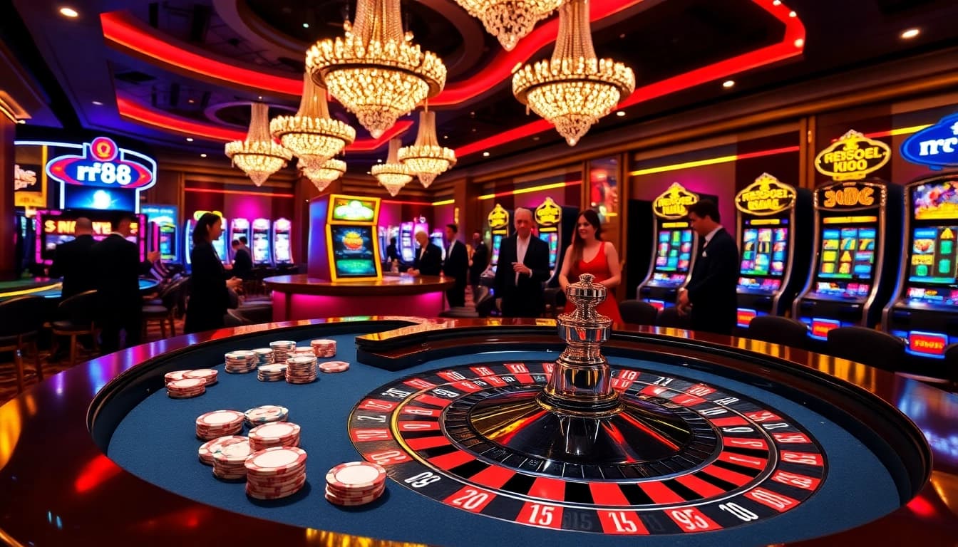 Exciting casino experience with rr88 showcasing roulette, poker, and vibrant slot machines.